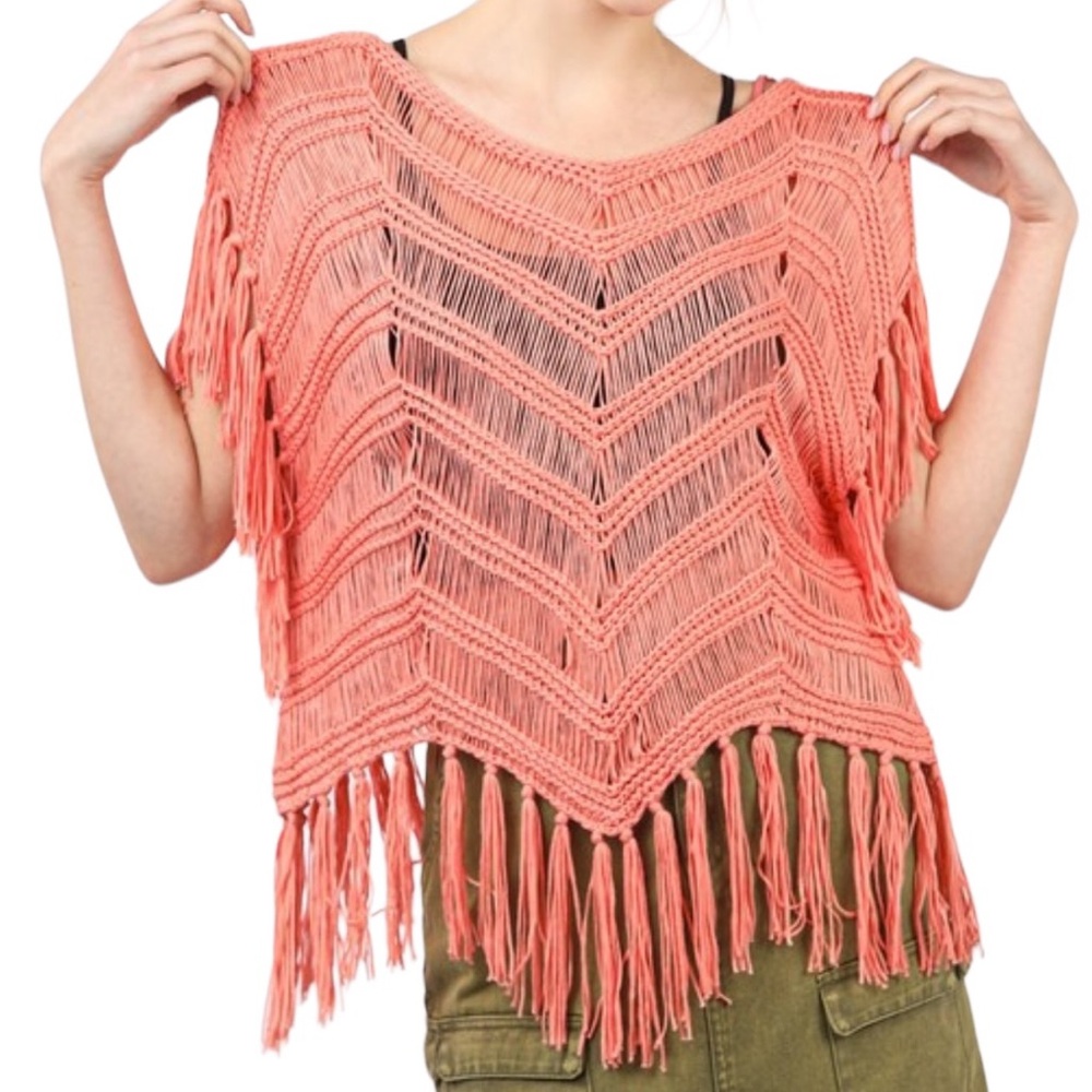 Coral Fringe Crochet Pull over Summer Knit Top